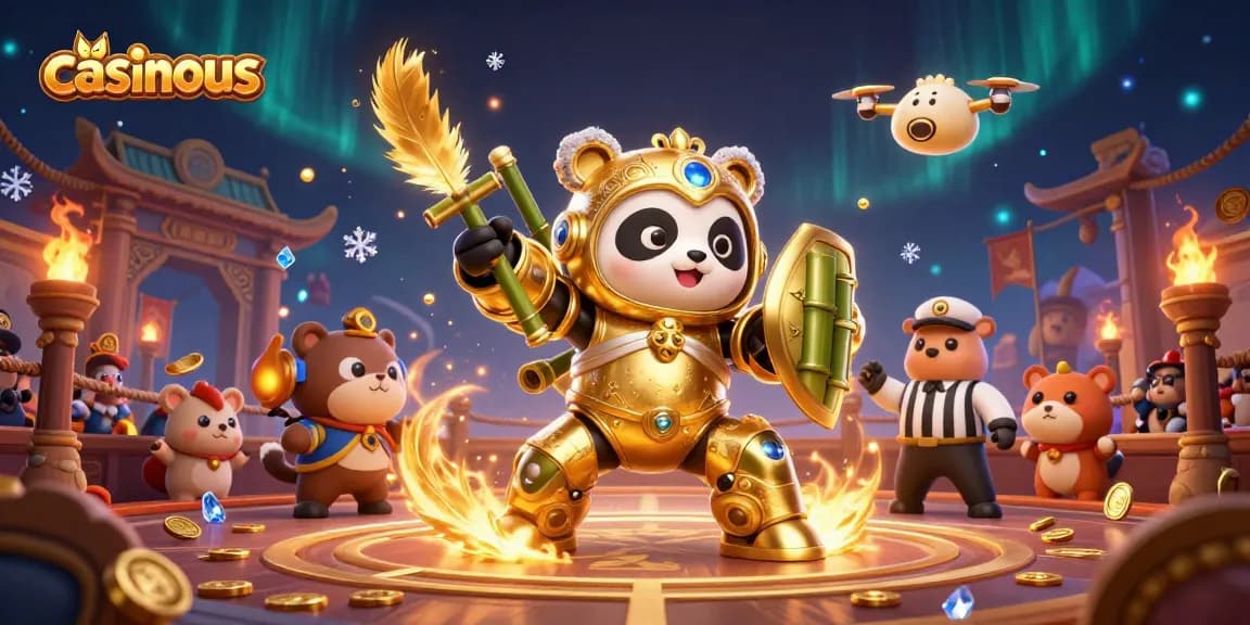 Experience thrilling action with casinous at this ultra-detailed casino arena with a golden panda robot.