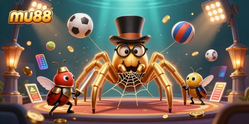 Experience excitement with mu88 as a golden tarantula weaves a web between casino pillars.