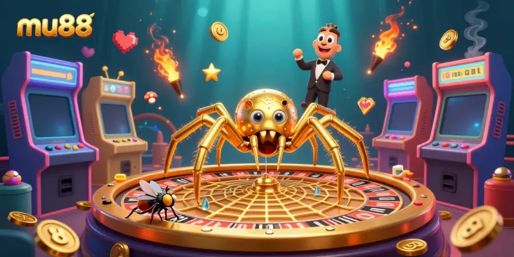 Engage in thrilling gaming at mu88, featuring a golden spider and colorful gaming elements.