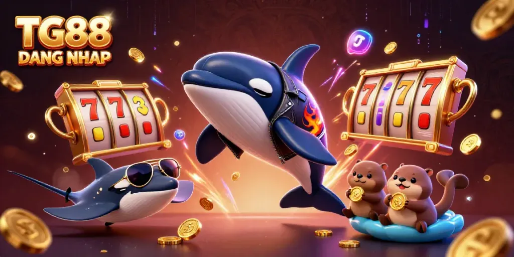 TG88 DANG NHAP features an orca in leather, a stingray in aviators, and otters with coins in a lively casino scene.