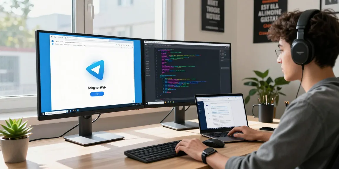 Developer utilizing the Telegram Web Version in a modern workspace with dual screens and tech gadgets.
