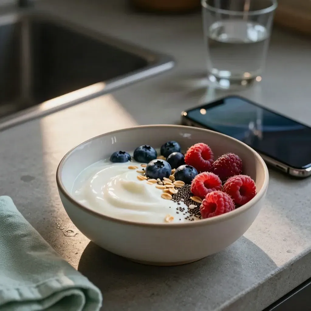 Yoghurtskål med bär, havre och en mobil på betongbänk i dramatiskt morgonljus