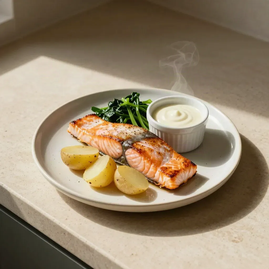 Top-down bild av en portion salmon, potatis, grönt och liten sås-skål på ljus sten.