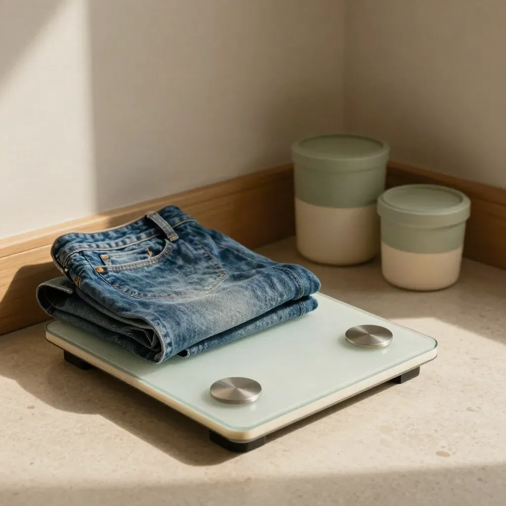 Badrumsvåg, vikta jeans och matlådor i varmt morgonljus.