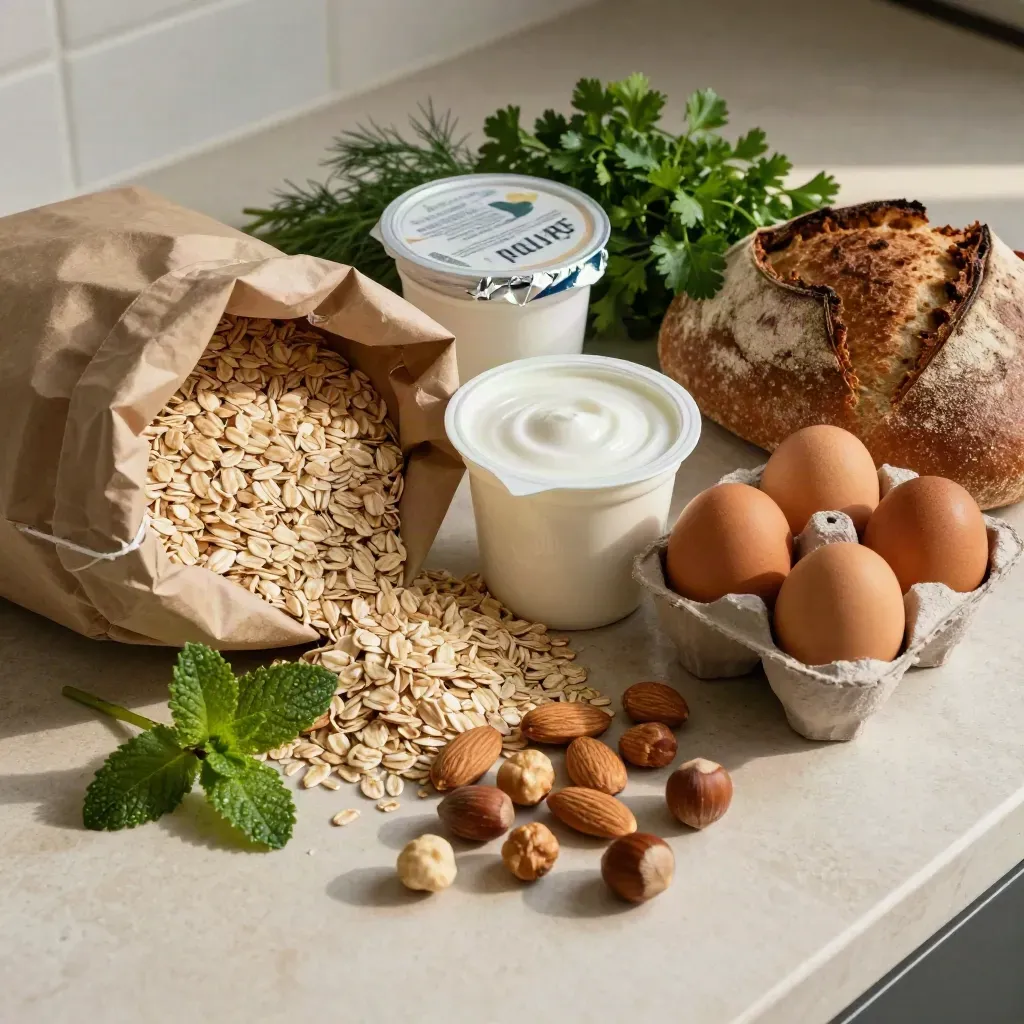 Matvaror för smarta måltider på stenbänk: havre, yoghurt, ägg, örter, nötter och bröd.