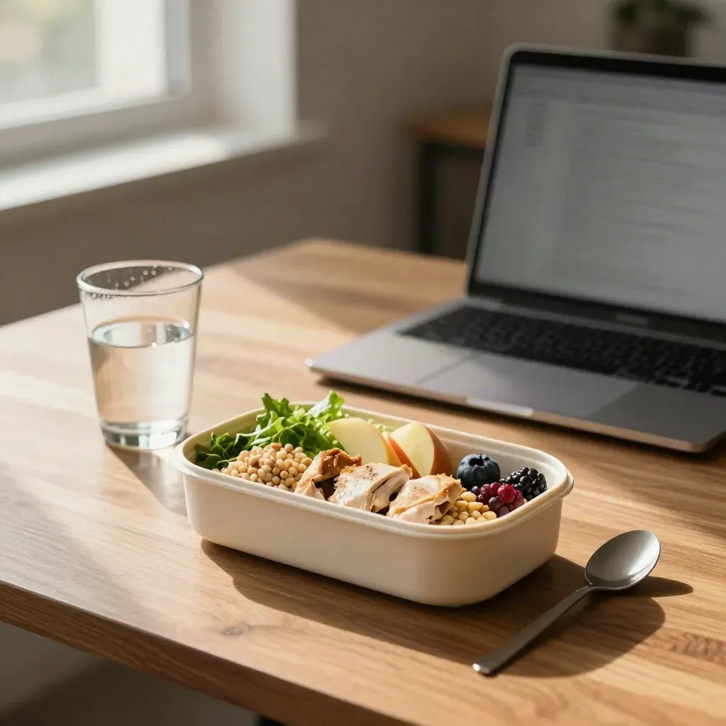 Lunchtable med matlåda, frukt, vattenglas och laptop i ett ljust kontorsrum.