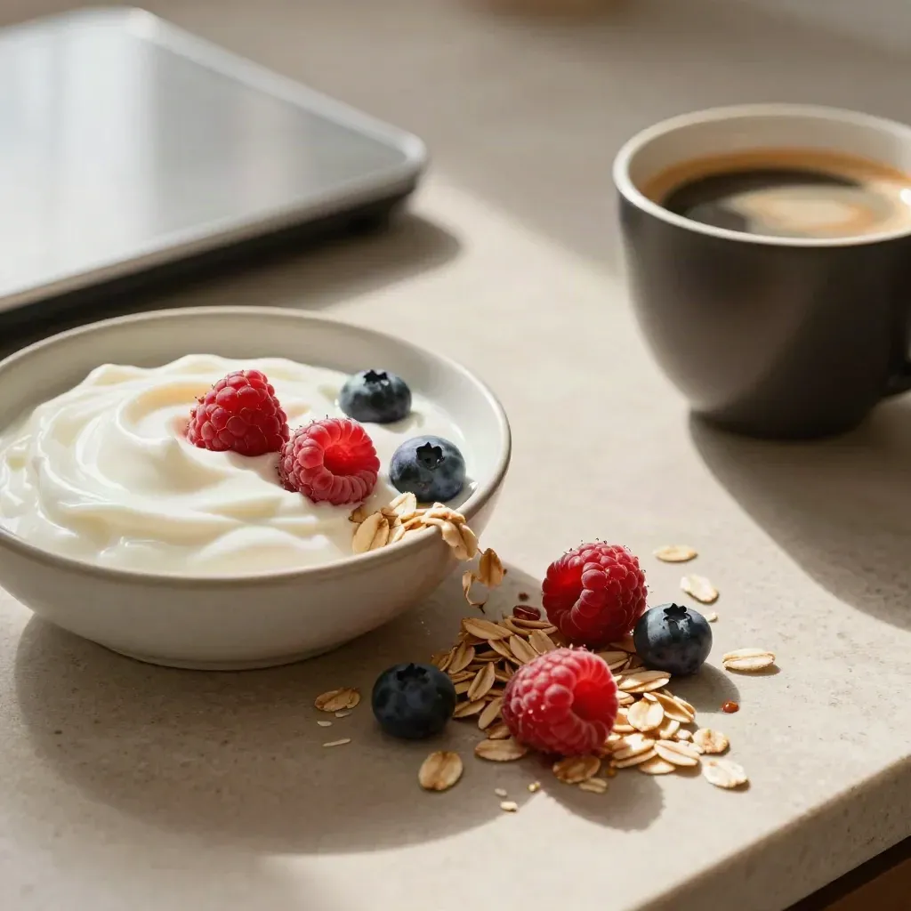 Yoghurt, bär, havre, kaffe och en liten våg på stenbänk i mjukt morgonljus