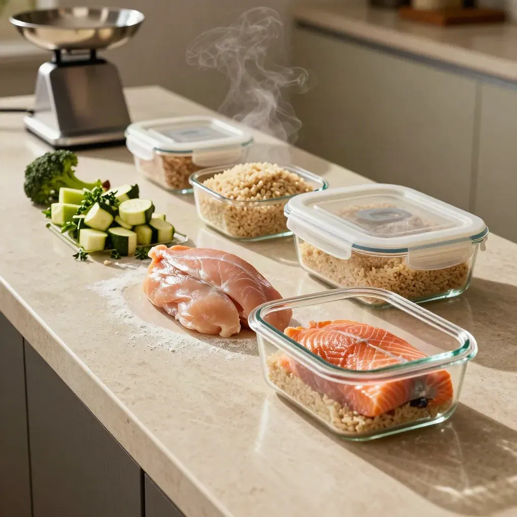 Överliggande matprepp med grönsaker, protein, ris, burkar och våg på ljus stenbänk.