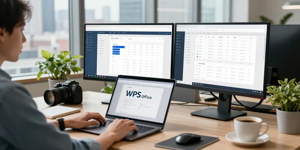 Download WPS Office in a modern workspace with dual monitors and inviting urban views.