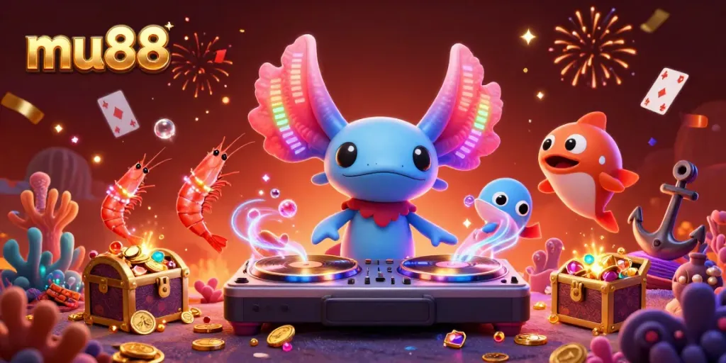 Spin with mu88 at a vibrant underwater casino featuring a neon axolotl DJ and treasure chests.
