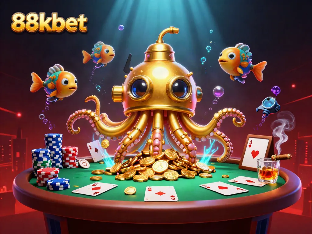 Experience a lavish scene of 88kbet illustrated with a golden kraken submarine and poker elements.
