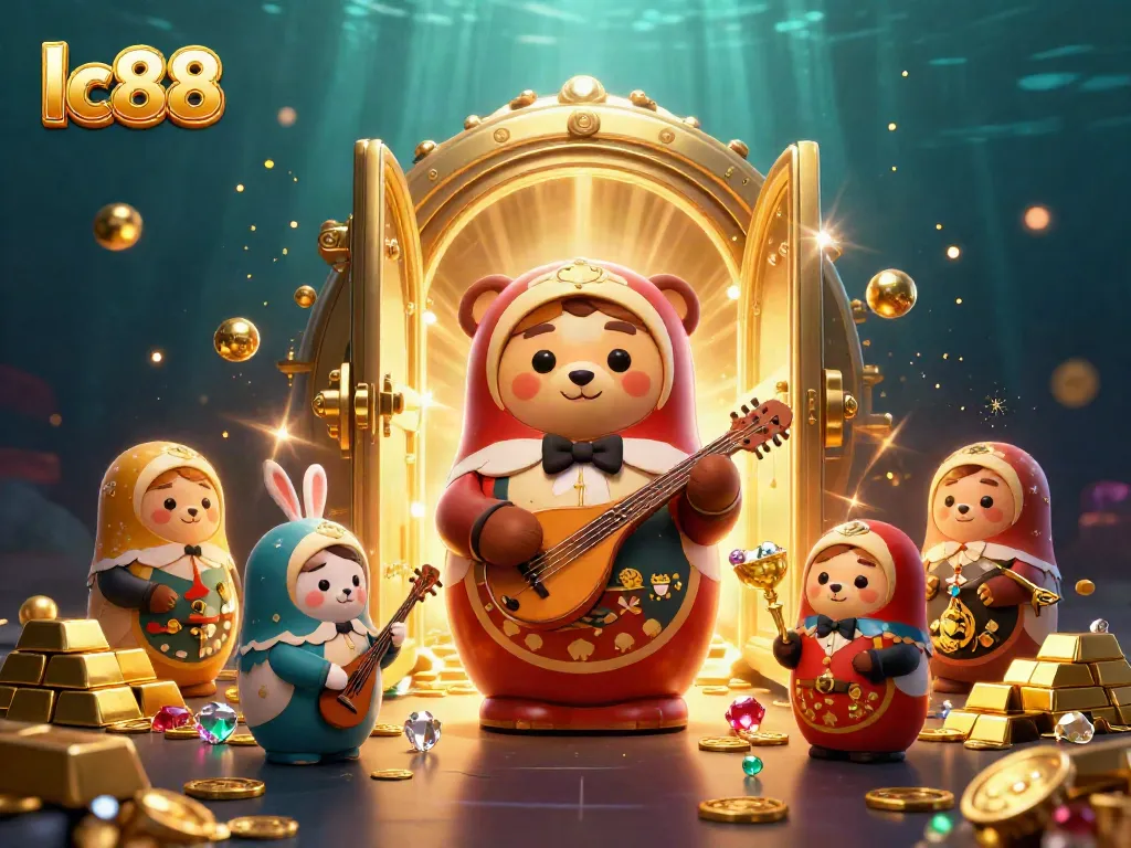 Play exciting games at lc88, featuring vibrant casino-themed illustrations with gold treasures.