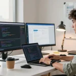 WPS Download in a modern tech workspace with developers coding on laptops and vibrant city views.