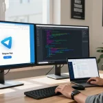 Developer utilizing the Telegram Web Version in a modern workspace with dual screens and tech gadgets.