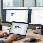 Download WPS Office in a modern workspace with dual monitors and inviting urban views.